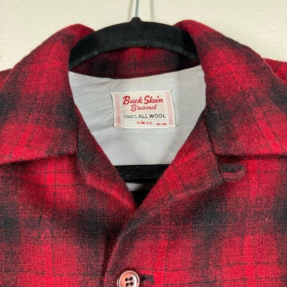 Vintage 50s Buck Skein 100% Wool Red Buffalo Plaid Button Down Hunting Jacket M - Picture 4 of 8